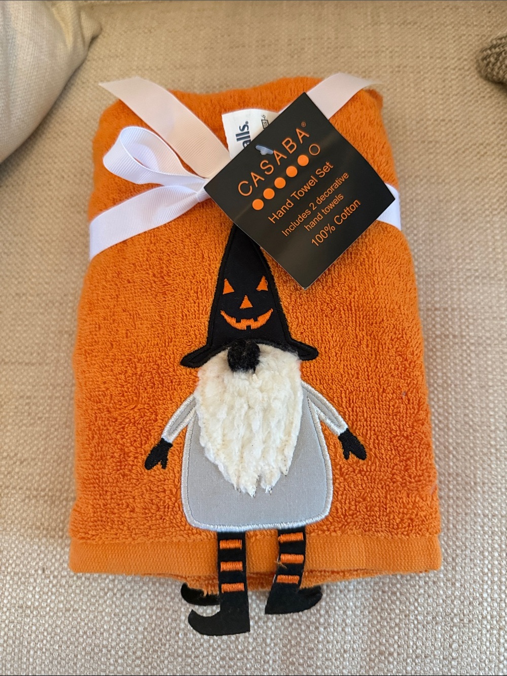 NWT Casaba 100% Cotton Orange Halloween Gnome Hand Towel